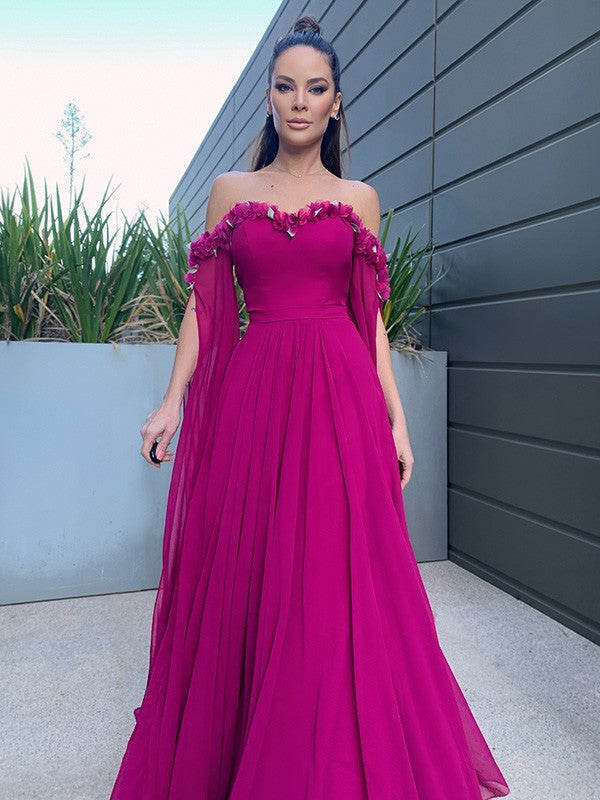 A-Linie/Elegant Chiffon Bodenlang Lange Ärmel Rüschen Schulterfrei Ballkleider