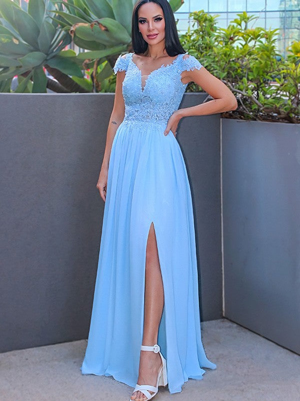 A-Linie/Elegant Bodenlang Off-the-Shoulder Ärmellos Chiffon Applikationen Ballkleider