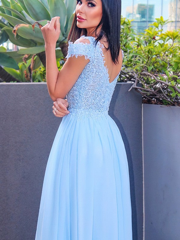 A-Linie/Elegant Bodenlang Off-the-Shoulder Ärmellos Chiffon Applikationen Ballkleider