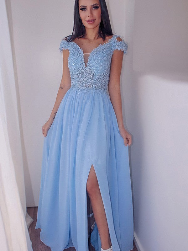 A-Linie/Elegant Bodenlang Off-the-Shoulder Ärmellos Chiffon Applikationen Ballkleider