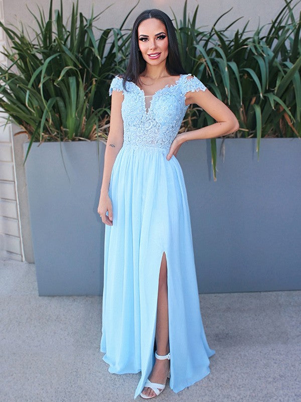 A-Linie/Elegant Bodenlang Off-the-Shoulder Ärmellos Chiffon Applikationen Ballkleider