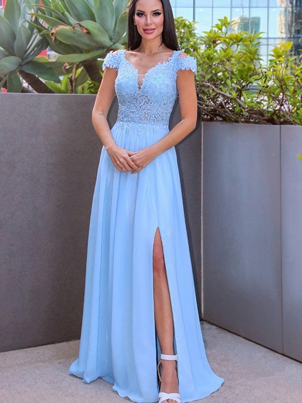 A-Linie/Elegant Bodenlang Off-the-Shoulder Ärmellos Chiffon Applikationen Ballkleider
