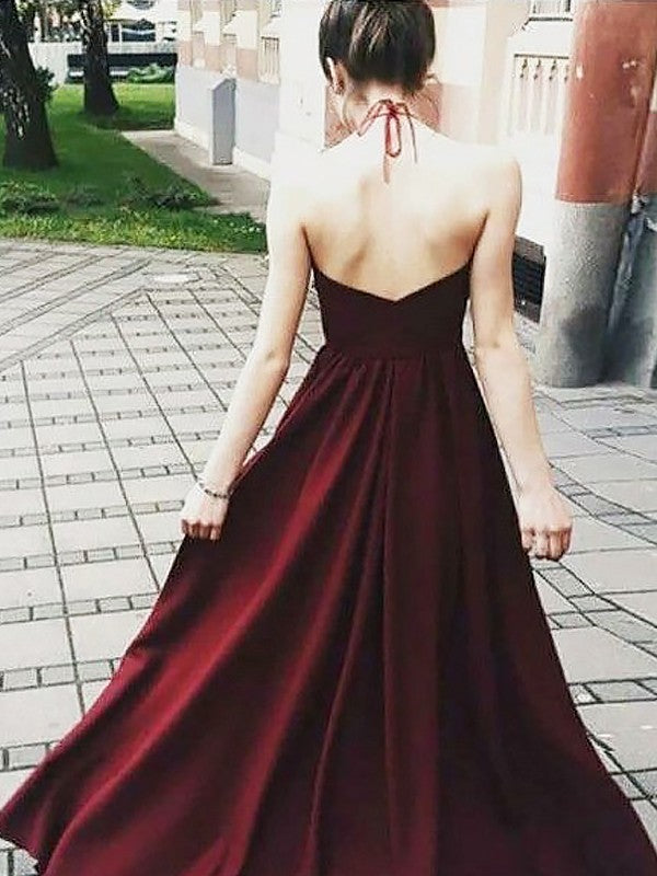 A-Linie/Elegant Neckholder Ärmellos Bodenlang Applikationen Elastisch Gewebte Satin Ballkleider