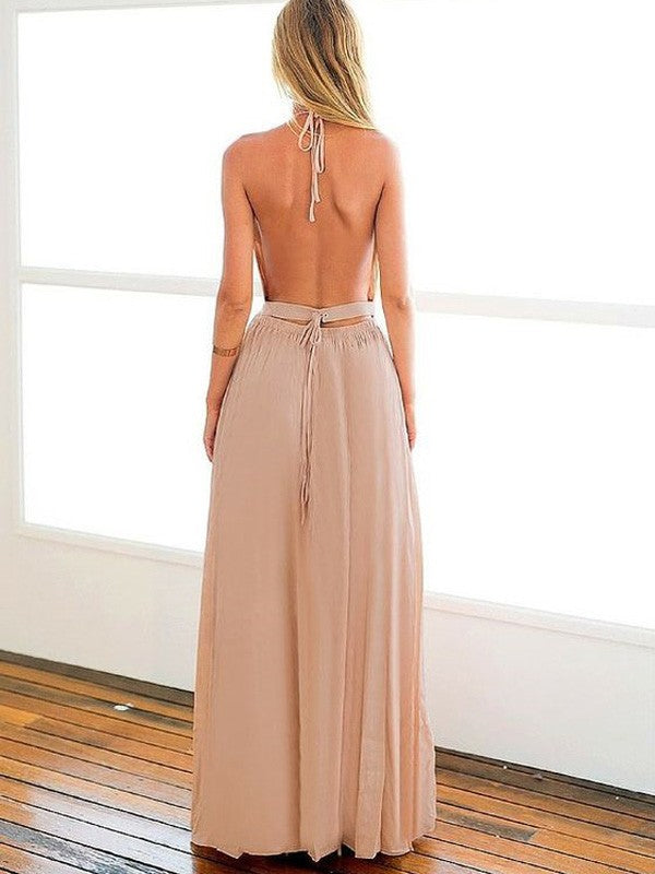 Vestidos de fiesta elegantes de gasa con corte A/halter, sin mangas y hasta el suelo