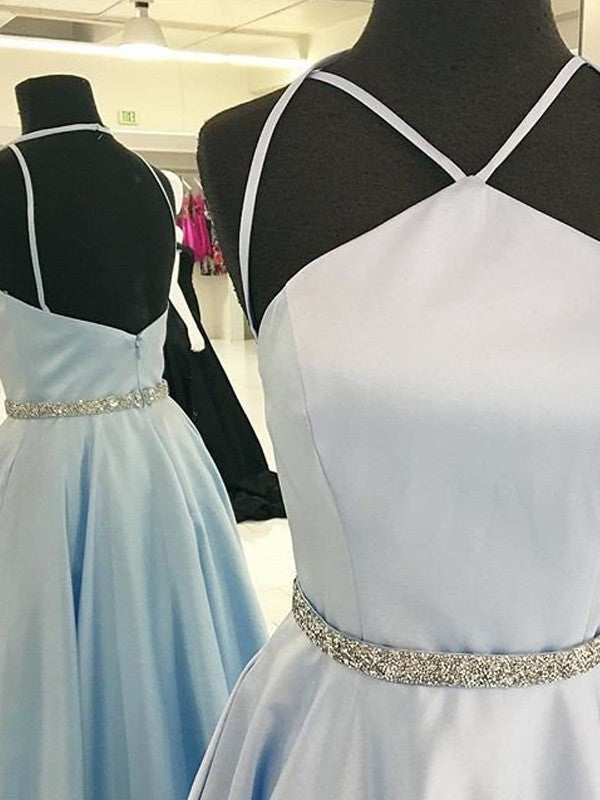 Vestidos de fiesta elegantes de satén con corte A/halter, sin mangas y hasta el suelo