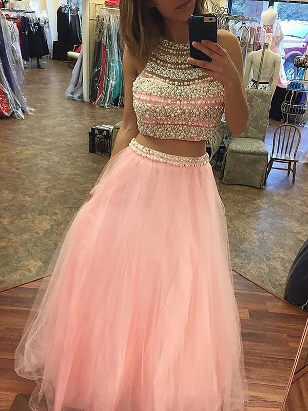 Elegante vestido de fiesta de dos piezas con escote halter, sin mangas, de tul, largo hasta el suelo y cuentas