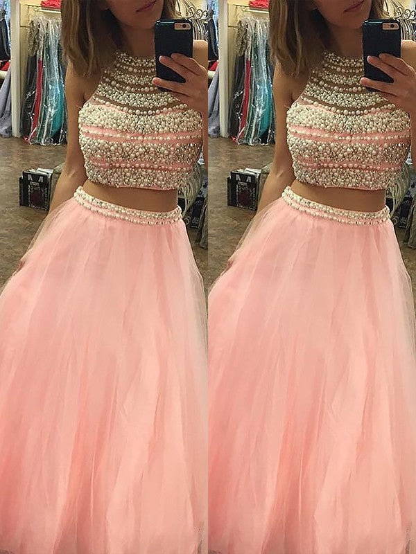Elegante vestido de fiesta de dos piezas con escote halter, sin mangas, de tul, largo hasta el suelo y cuentas