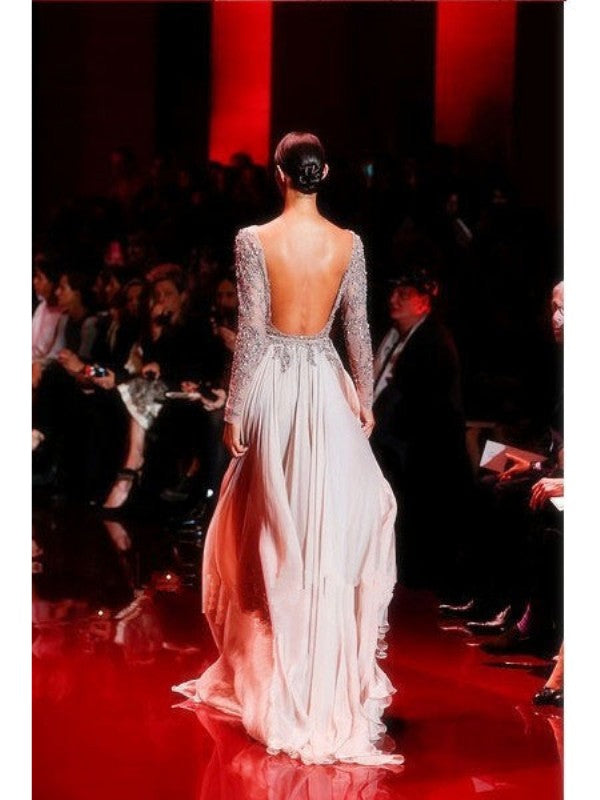 Vestidos de fiesta elegantes de gasa con cuello alto, mangas largas y apliques