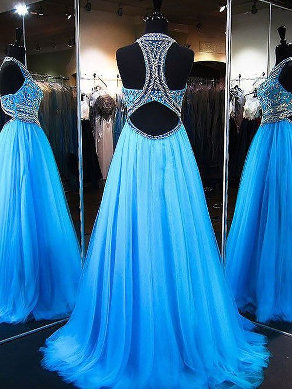 Vestidos de fiesta elegantes de tul con cuentas, sin mangas y joya, corte A