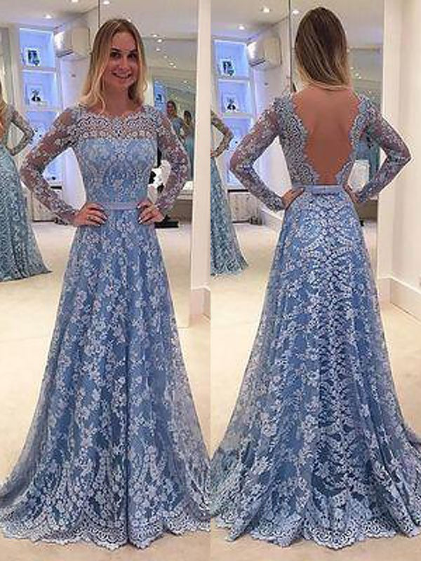 Vestidos de fiesta elegantes de corte A con mangas largas, encaje, largo hasta el suelo, escote barco y volantes
