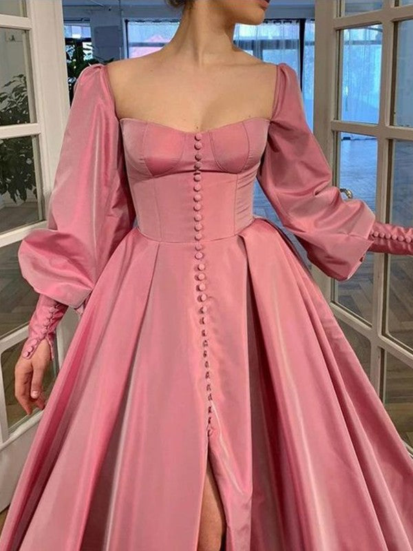 Vestidos de fiesta elegantes de satén con volantes cuadrados, mangas largas y corte A hasta el suelo
