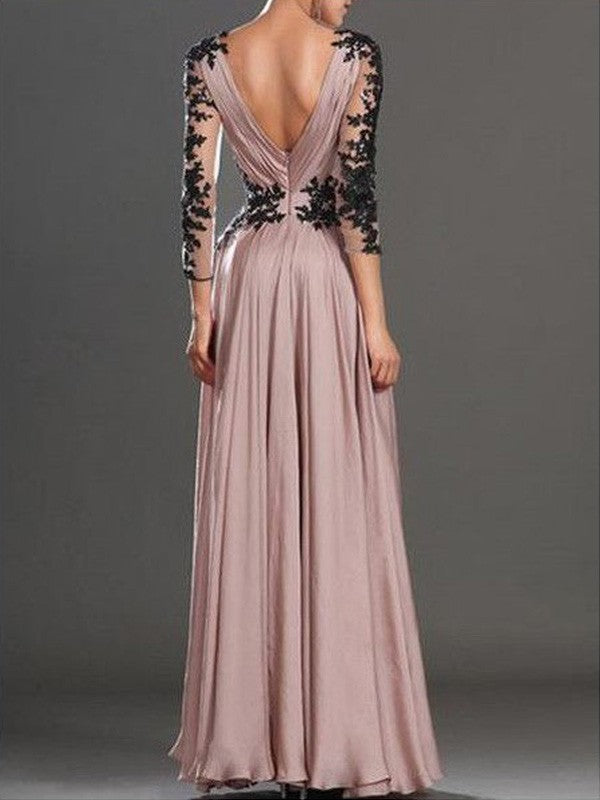 A-Linie/Elegant Lange Ärmel V-Ausschnitt Chiffon Applikationen Bodenlang Ballkleider