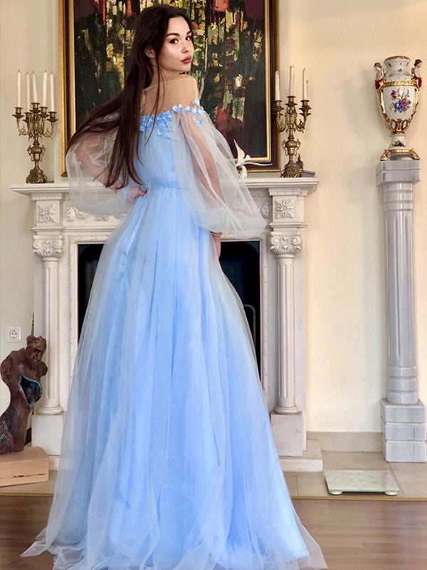A-Linie/Elegant Off-the-Shoulder Perlen verziert Lange Ärmel Bodenlang Tüll Ballkleider