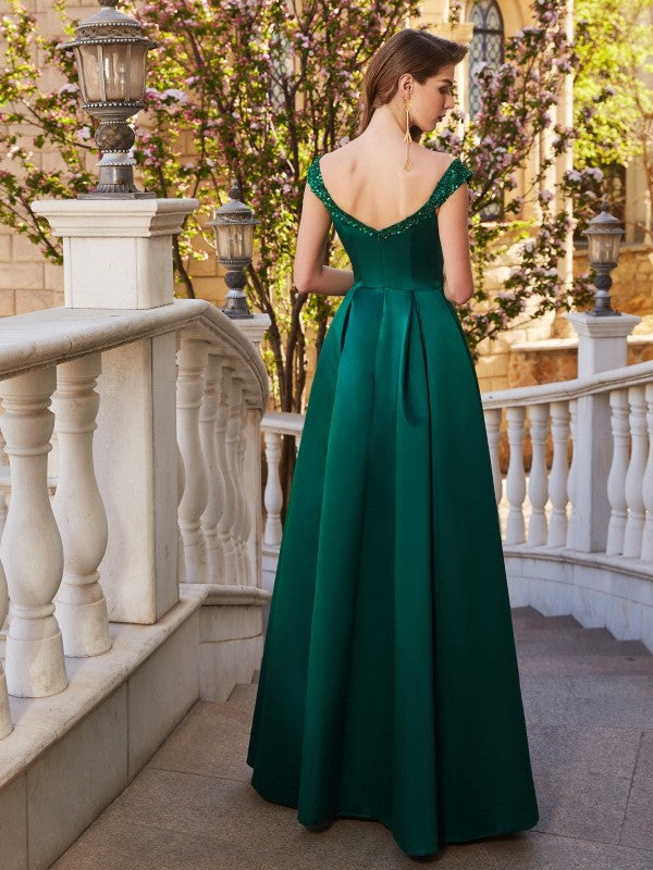 Elegante vestido de fiesta de satén sin mangas con lentejuelas y hombros descubiertos, corte A y largo hasta el suelo