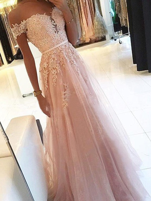 Elegante vestido de fiesta de tul con apliques, sin mangas, hombros descubiertos y corte A