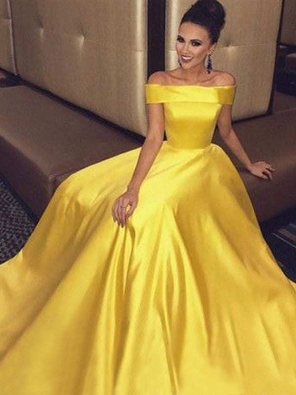 A-Linie/Elegant Off-the-Shoulder Ärmellos Rüschen Satin Ballkleider