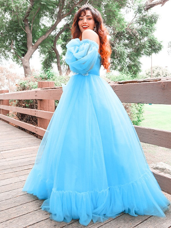 A-Linie/Elegant Off-the-Shoulder Tüll Applikationen Lange Ärmel Bodenlang Ballkleider