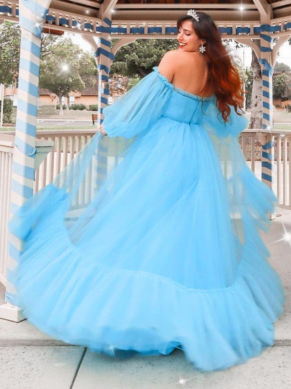 A-Linie/Elegant Off-the-Shoulder Tüll Applikationen Lange Ärmel Bodenlang Ballkleider