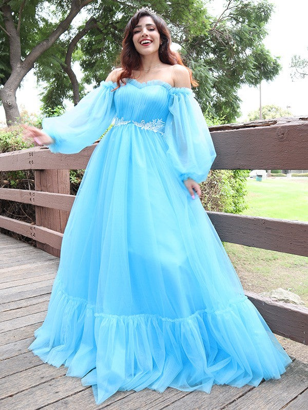 A-Linie/Elegant Off-the-Shoulder Tüll Applikationen Lange Ärmel Bodenlang Ballkleider