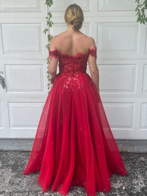 A-Linie/Elegant Off-the-Shoulder Tüll Applikationen Ärmellos Bodenlang Ballkleider