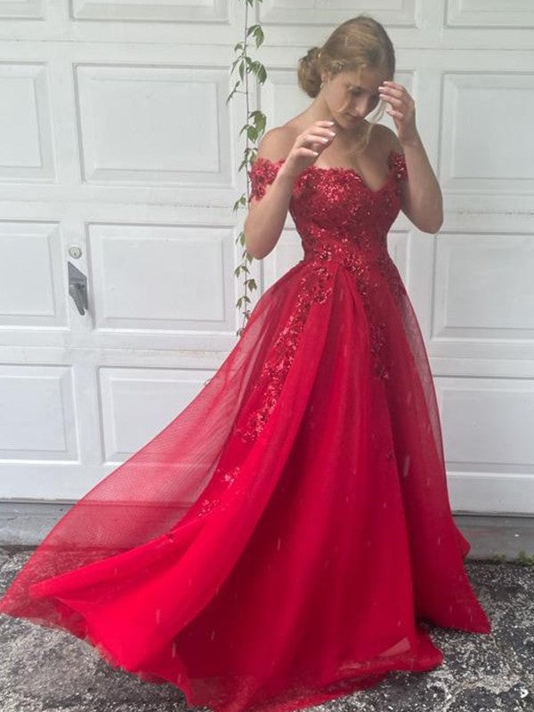 A-Linie/Elegant Off-the-Shoulder Tüll Applikationen Ärmellos Bodenlang Ballkleider