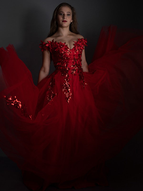 A-Linie/Elegant Off-the-Shoulder Tüll Applikationen Ärmellos Bodenlang Ballkleider