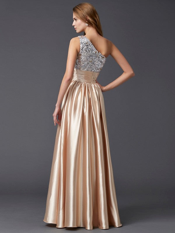 Elegante vestido de fiesta de satén elástico largo con lentejuelas, sin mangas, de un solo hombro y corte A