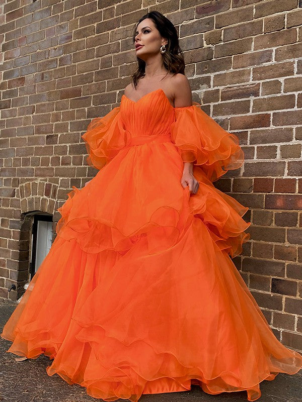 Vestidos de fiesta elegantes de organza con hombros descubiertos, mangas largas y largo hasta el suelo