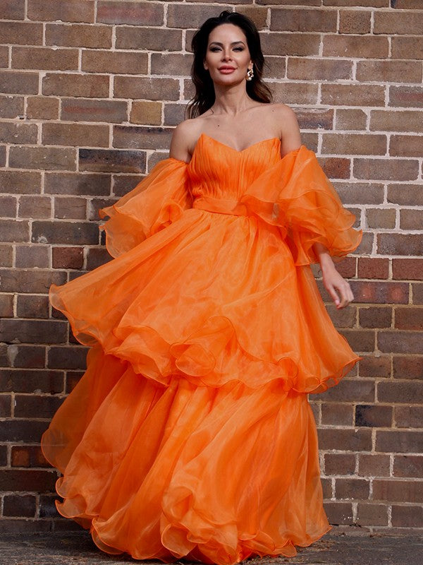 Vestidos de fiesta elegantes de organza con hombros descubiertos, mangas largas y largo hasta el suelo