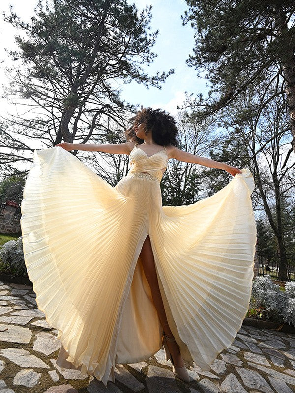 Vestidos de fiesta elegantes de satén con volantes, sin mangas y escote en V