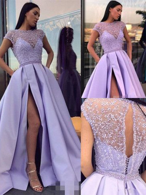 Elegante vestido de fiesta de satén con cuentas, corte A y mangas cortas con escote redondo