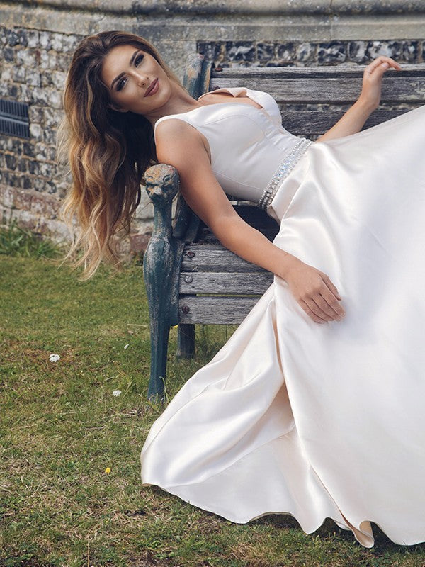 Vestidos de fiesta elegantes de satén con cuentas, escote en V y sin mangas, corte A