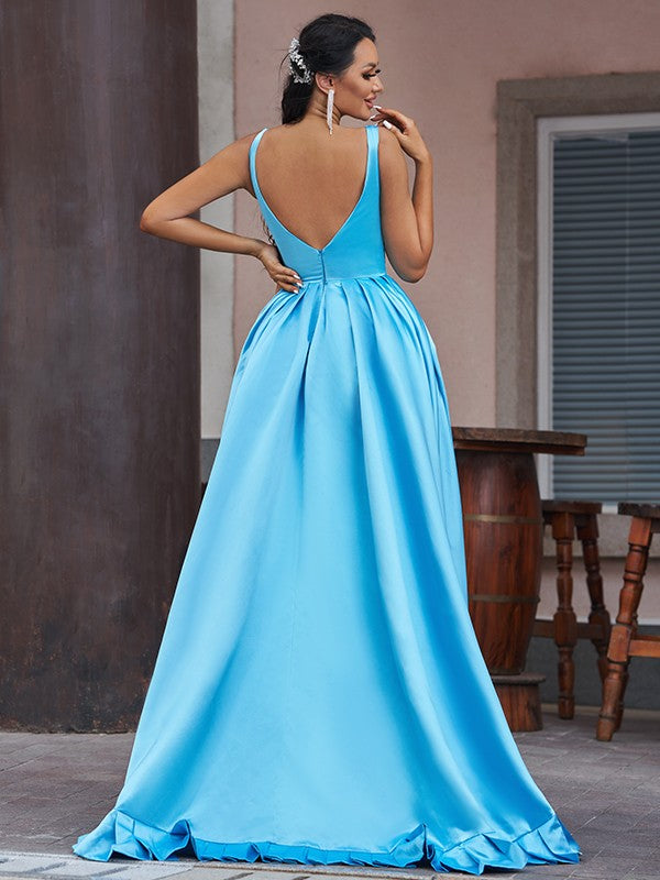 Vestidos de fiesta elegantes de satén con volantes, escote en V, sin mangas y asimétricos