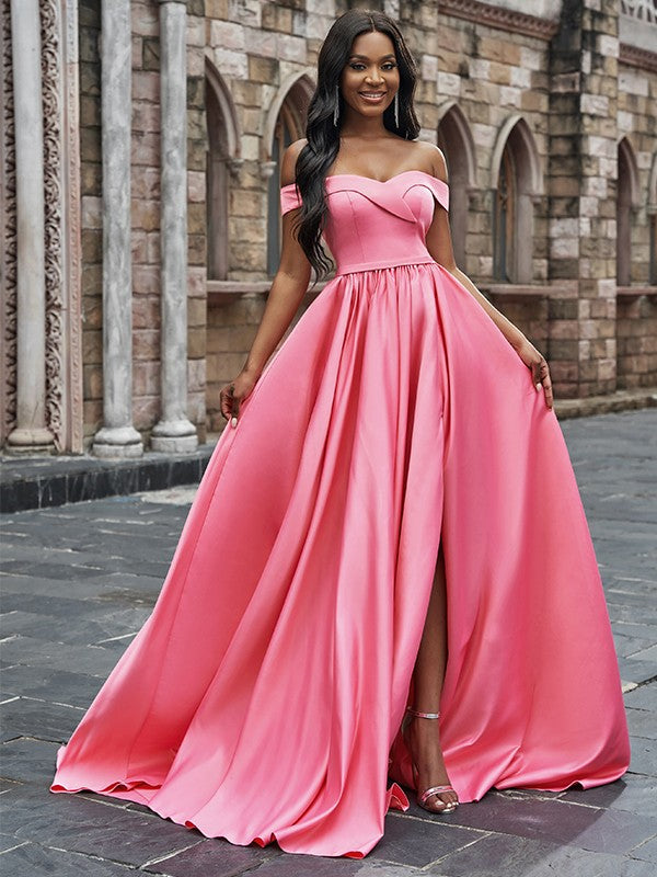 Elegante vestido de fiesta de satén sin mangas, con volantes, hombros descubiertos y cola de corte A
