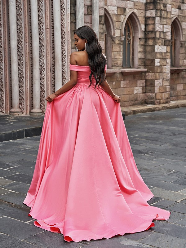 Elegante vestido de fiesta de satén sin mangas, con volantes, hombros descubiertos y cola de corte A
