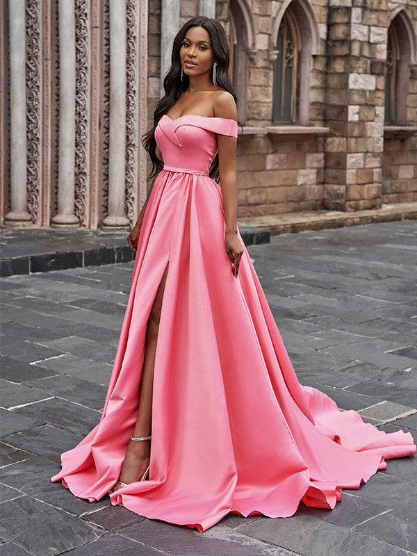 Elegante vestido de fiesta de satén sin mangas, con volantes, hombros descubiertos y cola de corte A