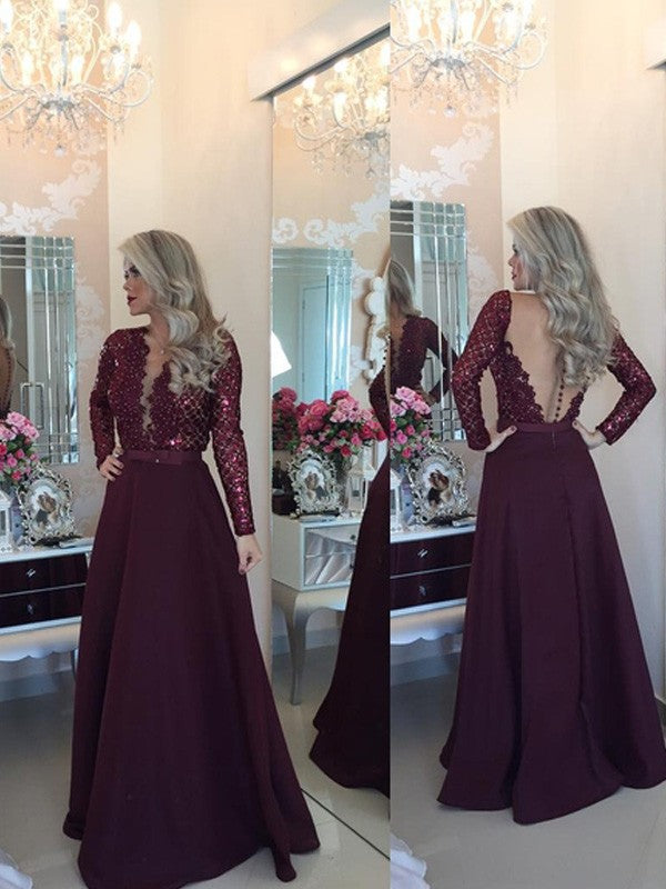 Elegante vestido de fiesta de satén con lentejuelas, mangas largas y escote redondo, corte A y largo hasta el suelo
