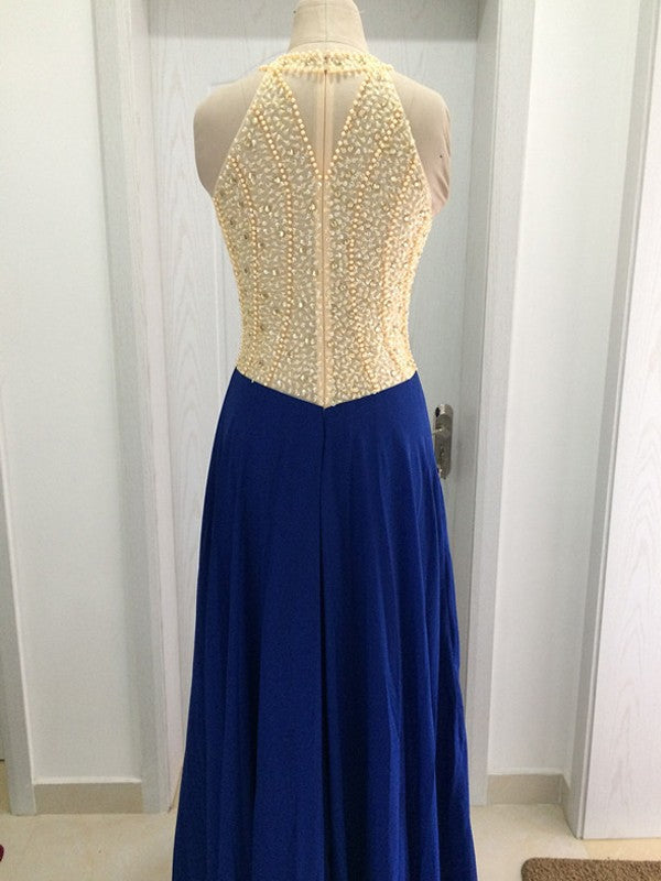Vestidos de fiesta elegantes de gasa con escote redondo, sin mangas y con cuentas