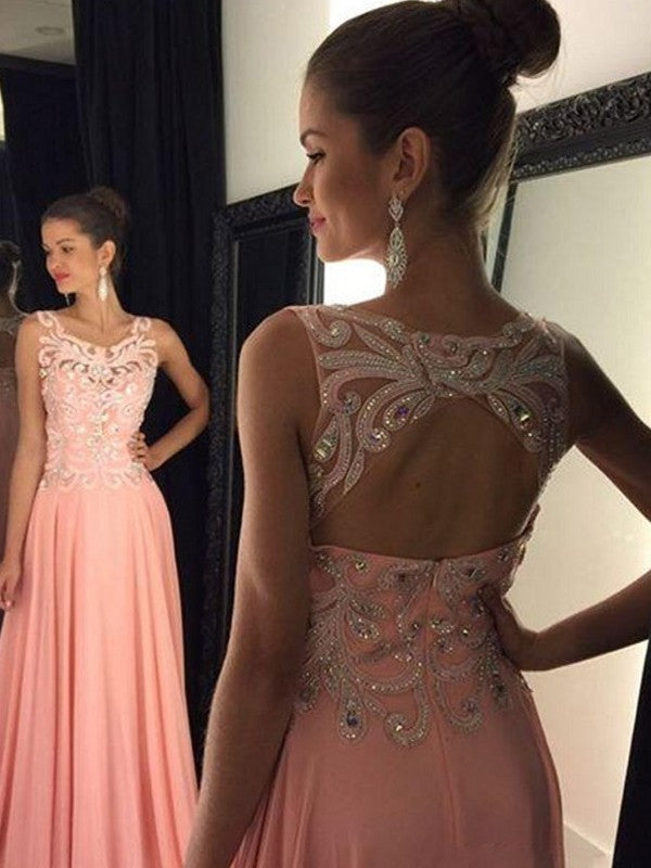 Vestidos de fiesta elegantes de gasa con corte A, sin mangas, hasta el suelo y apliques