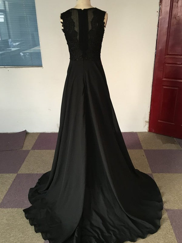 Vestidos de fiesta elegantes de satén y gasa con escote redondo y sin mangas