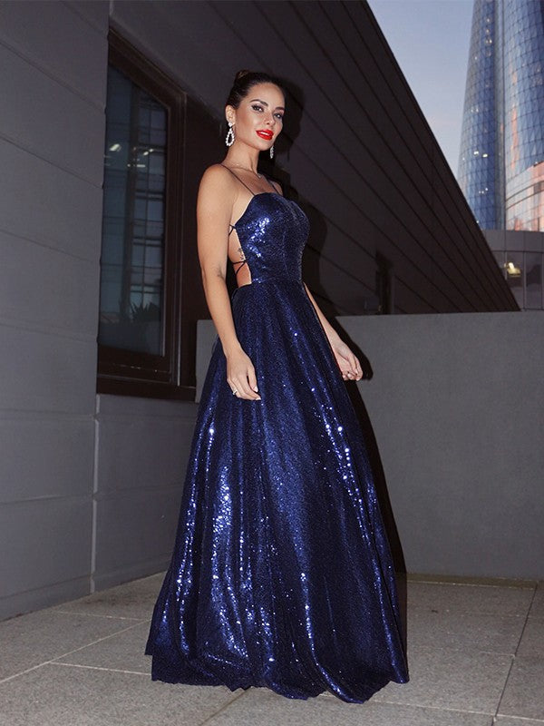 Vestidos de fiesta elegantes de corte A con lentejuelas, tirantes finos, volantes, sin mangas y hasta el suelo