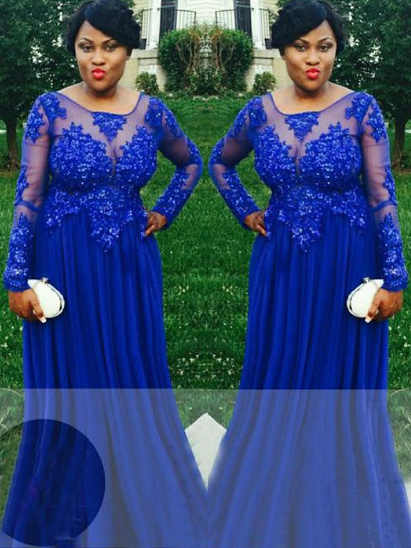 Elegante vestido de fiesta de gasa de talla grande, corte A, cuello transparente, mangas largas, apliques y largo hasta el suelo