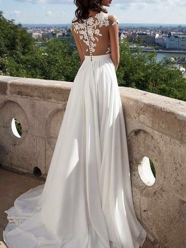 Vestidos de fiesta elegantes de gasa con apliques redondos y mangas cortas en forma de A
