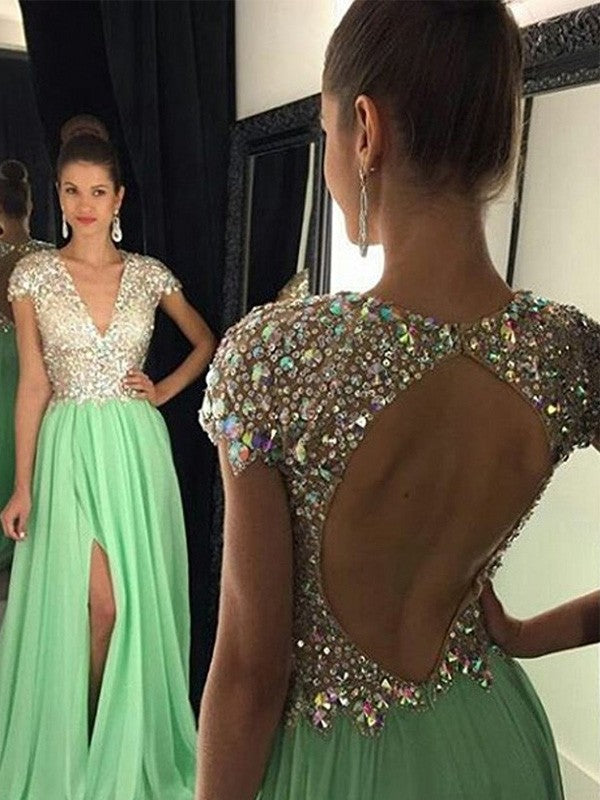 Vestidos de fiesta elegantes de corte A/mangas cortas, escote en V, de gasa con lentejuelas y largo hasta el suelo