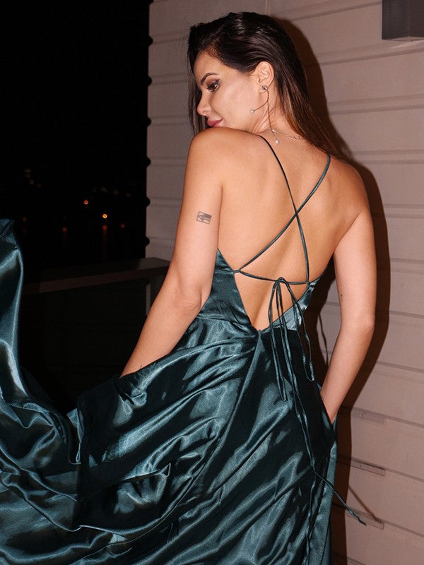 Vestido de fiesta elegante de satén tipo seda, corte A, escote en V, volantes, sin mangas y largo hasta el suelo