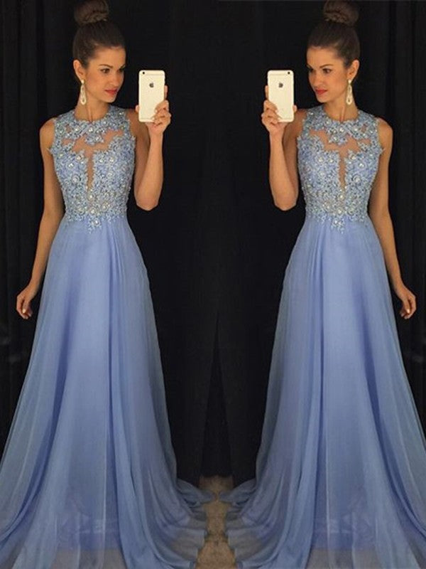 Vestidos de fiesta elegantes de gasa con apliques, sin mangas y corte A