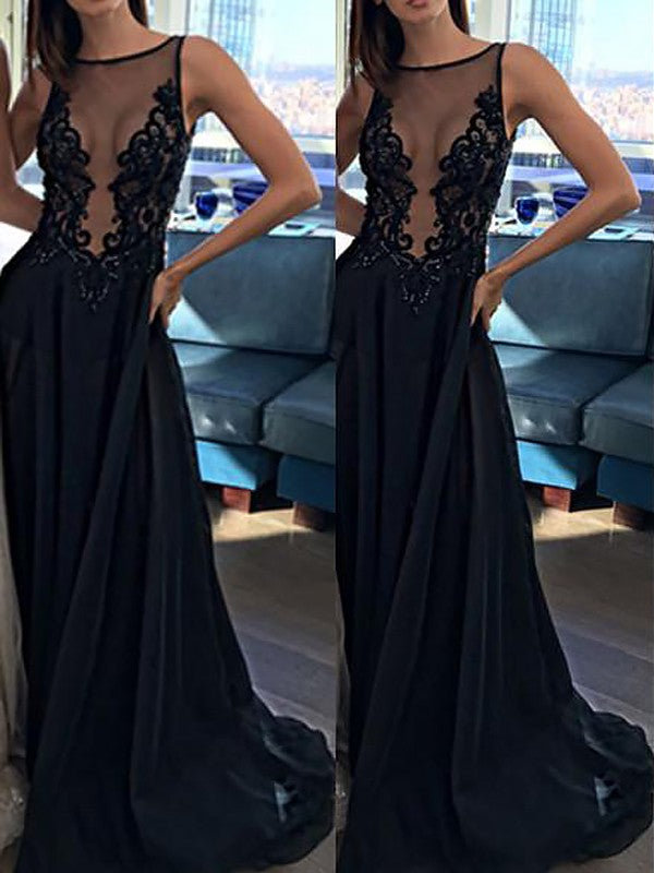 A-Linie/Elegantes, ärmelloses Bateau-Chiffon-Abschlussballkleid mit Applikation