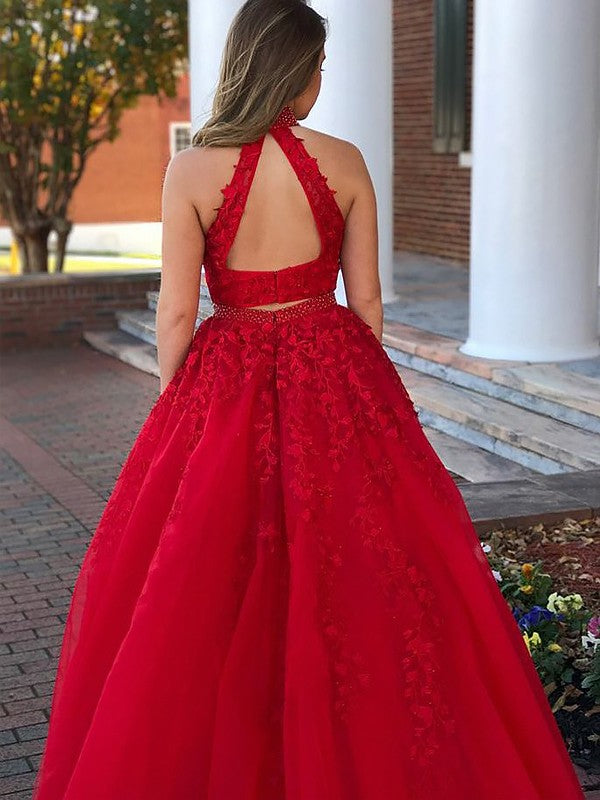 Elegante vestido de fiesta de dos piezas, corte A, sin mangas, con cuello halter, cuentas de tul y largo hasta el suelo