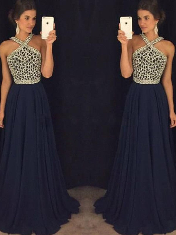 Vestidos de fiesta elegantes de corte A/sin mangas, con cuello halter, de gasa y cuentas, hasta el suelo
