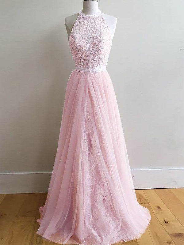 Vestidos de fiesta elegantes de tul con encaje y cuello halter sin mangas y corte A